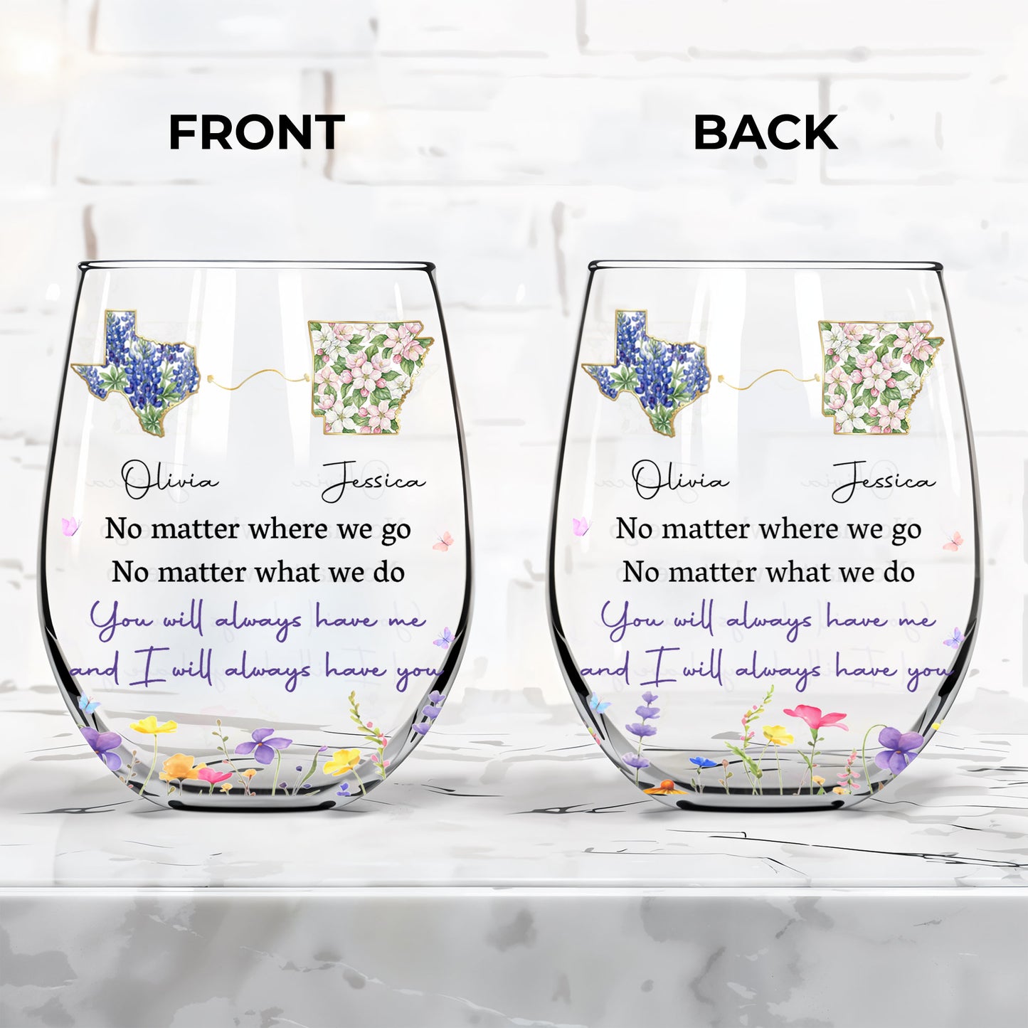 No Matter Where We Go State Outline And Wildflowers - Personalized Stemless Wine Glass - BST680_WIGL