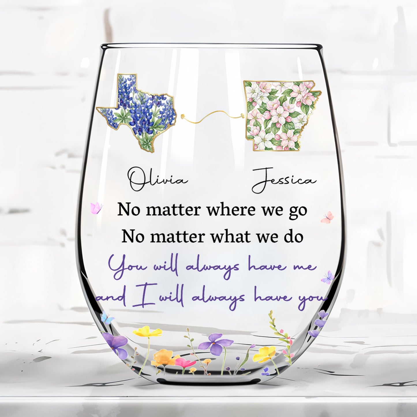 No Matter Where We Go State Outline And Wildflowers - Personalized Stemless Wine Glass - BST680_WIGL