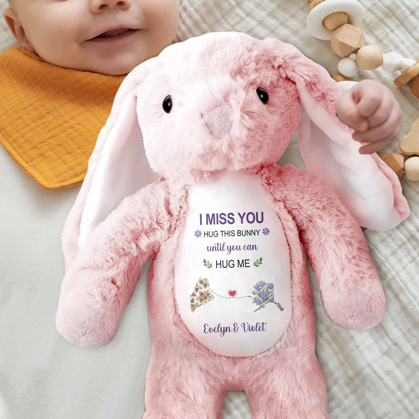 I Miss You Hug This Bear With Custom State Art And Flowers - Personalized Stuffed Bunny - BST686_BUN
