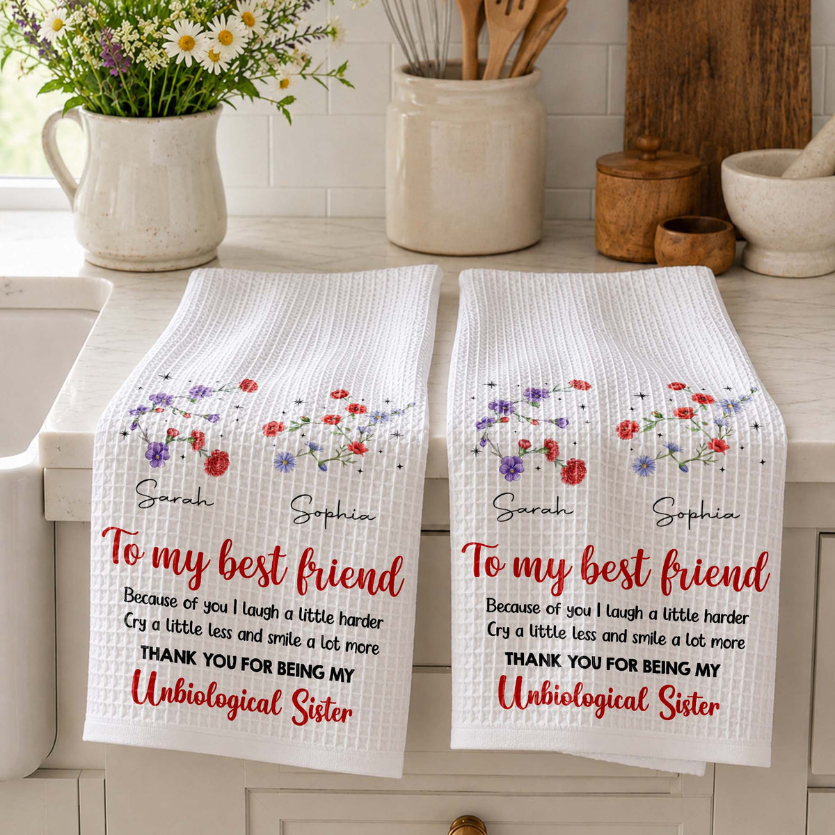 To My Best Friend Laugh Harder Smile More Floral Unbiological Sister - Personalized Kitchen Towel - BST721_TOWL