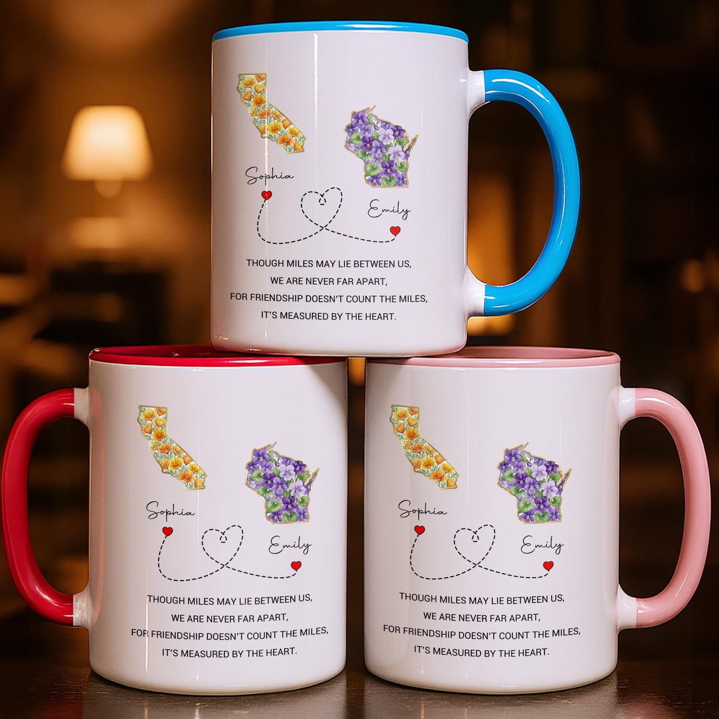 Though Miles May Lie Between Us Friendship Measured By The Heart Floral States - Personalized Custom Accent Mug - BST748_AMUG
