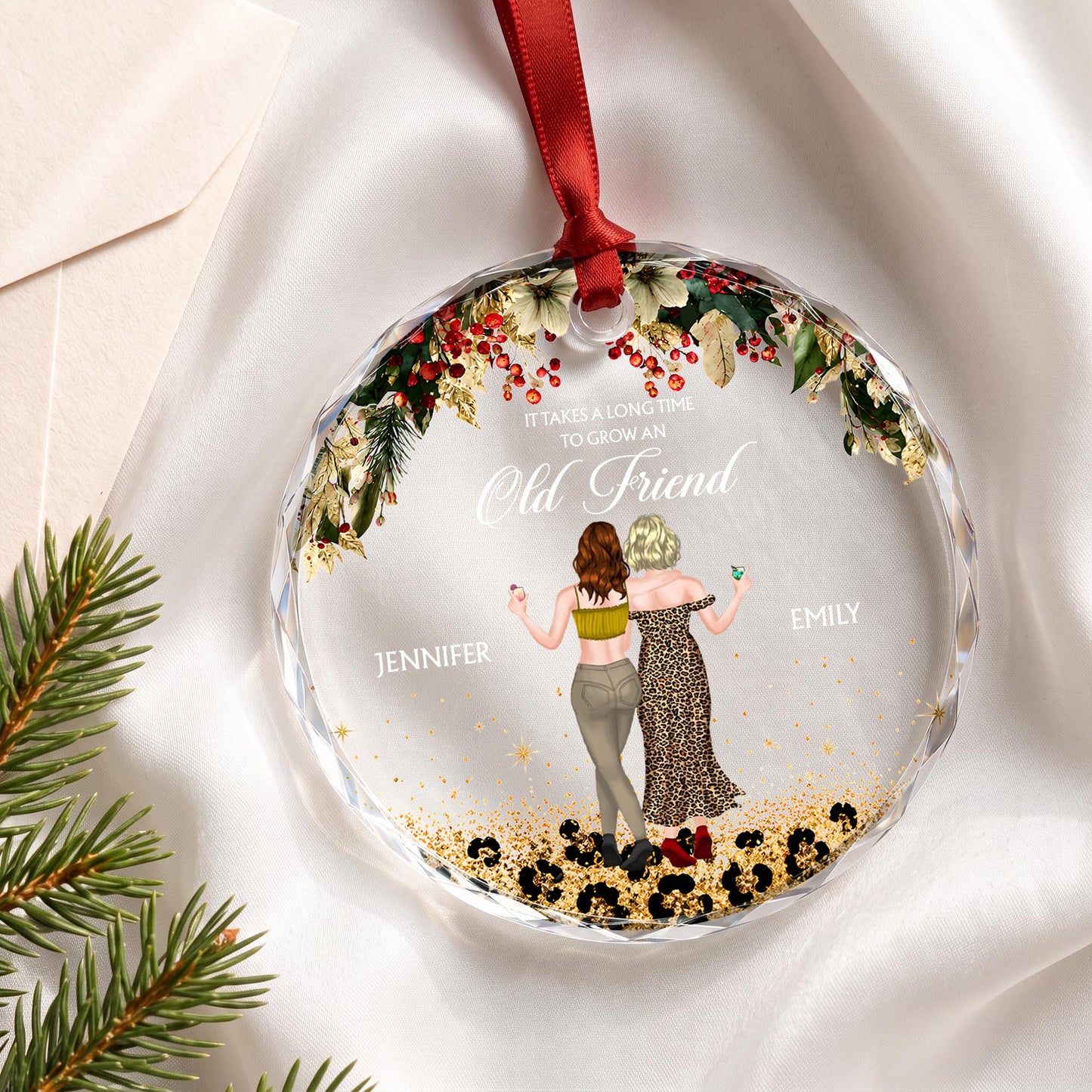 It Takes A Long Time To Grow An Old Friend Leopard Besties - Personalized Custom Circle Glass Ornament - BST778_CGOR