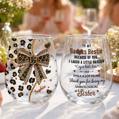 Elegance And Style With Leopard Print Charm Bow And Hearts - Personalized Stemless Wine Glass - BST796_WIGL