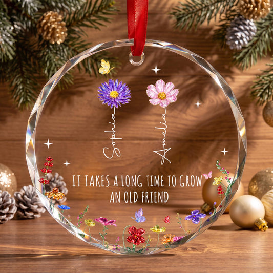 It Takes A Long Time To Grow An Old Friend Birth Month Flowers - Personalized Custom Circle Glass Ornament - BST901_CGOR