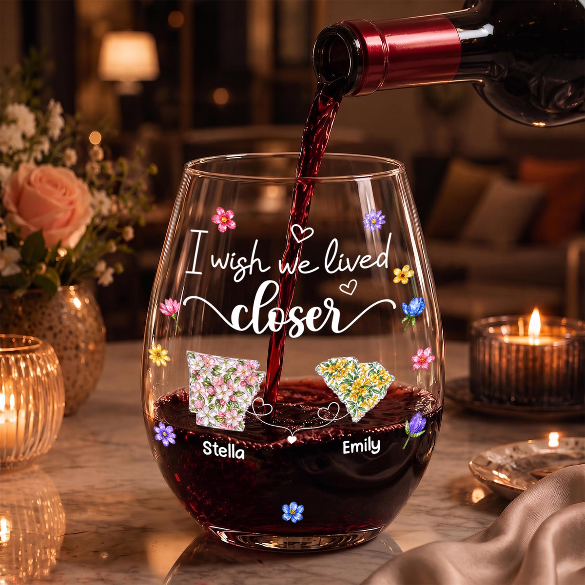 I Wish We Lived Closer Floral States And Hearts Art - Personalized Stemless Wine Glass - BST934_WIGL