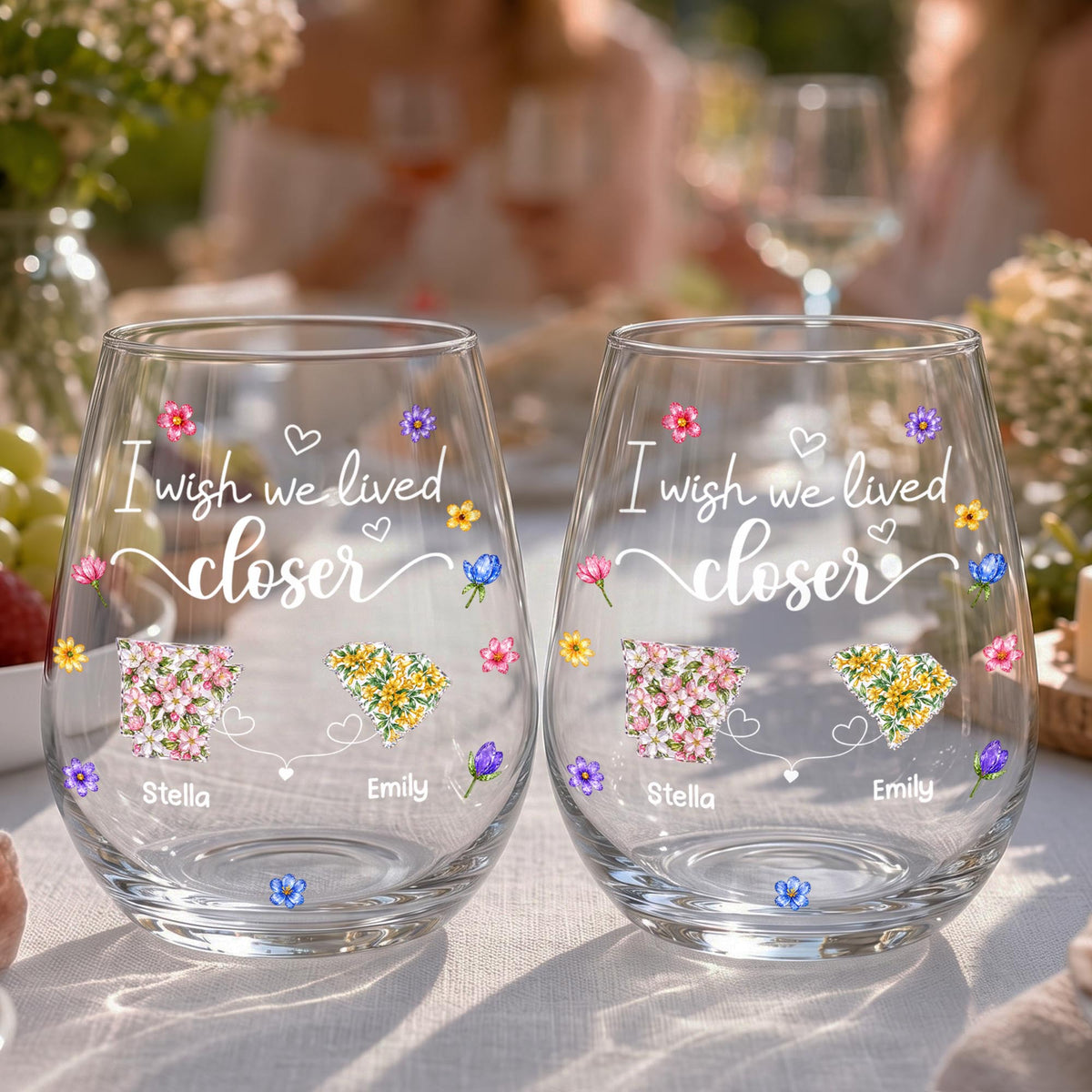 I Wish We Lived Closer Floral States And Hearts Art - Personalized Stemless Wine Glass - BST934_WIGL