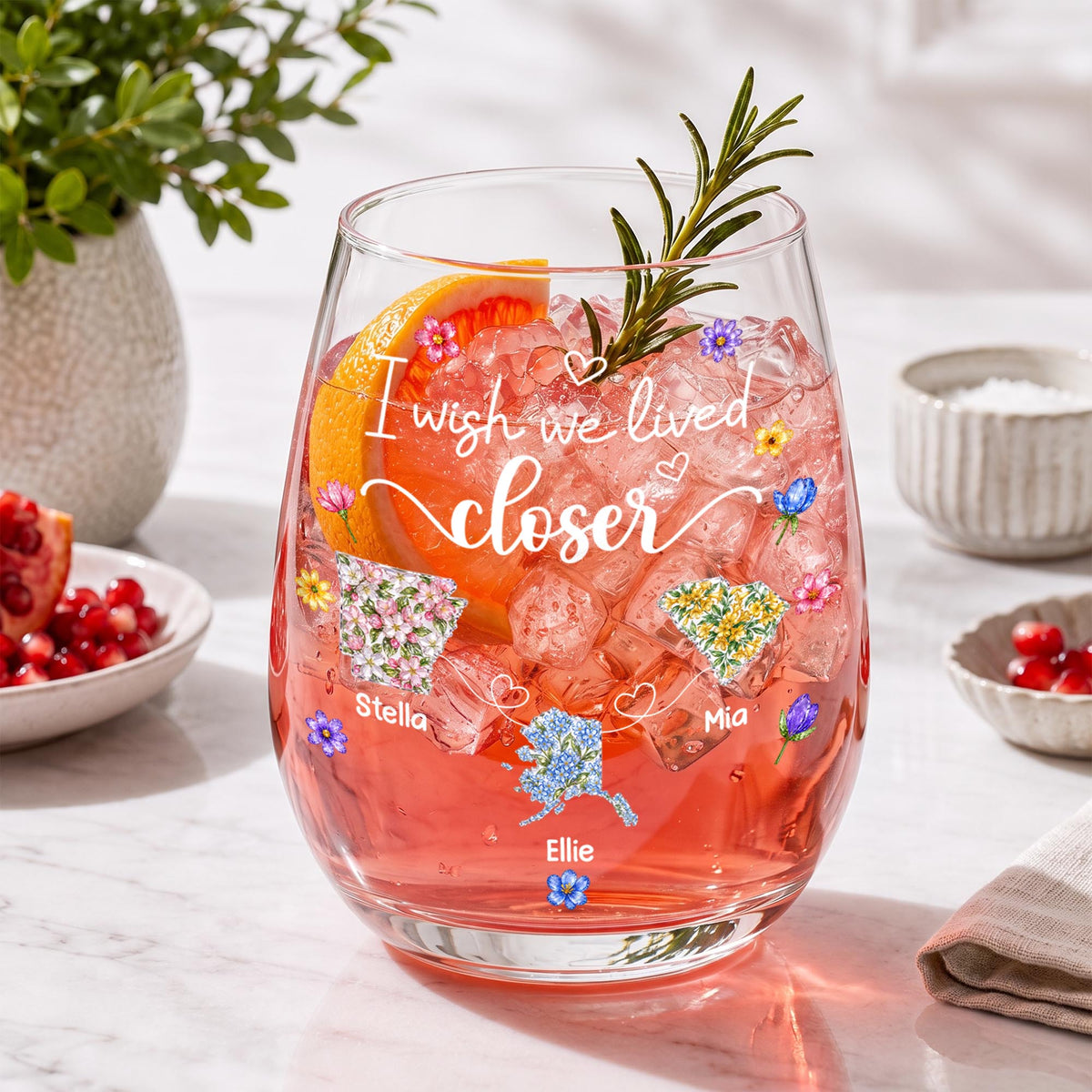 I Wish We Lived Closer Floral States And Hearts Art - Personalized Stemless Wine Glass - BST934_WIGL