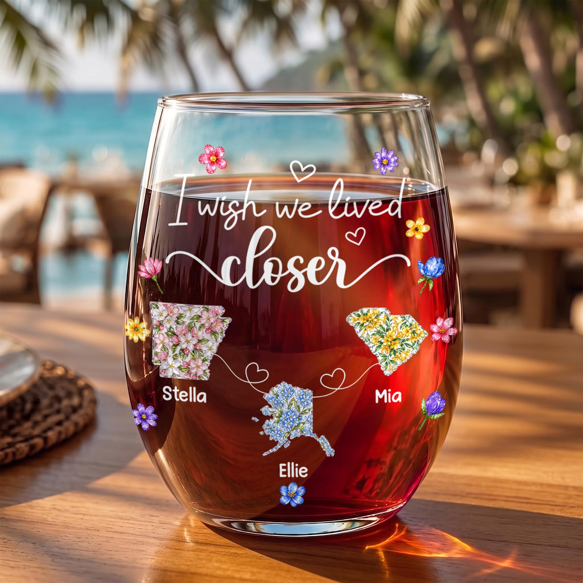 I Wish We Lived Closer Floral States And Hearts Art - Personalized Stemless Wine Glass - BST934_WIGL