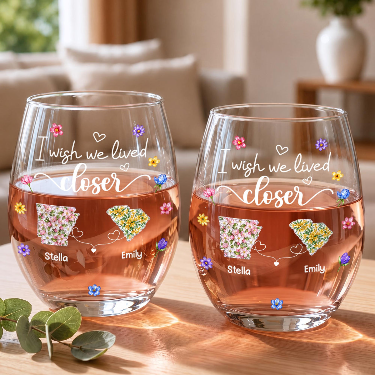 I Wish We Lived Closer Floral States And Hearts Art - Personalized Stemless Wine Glass - BST934_WIGL