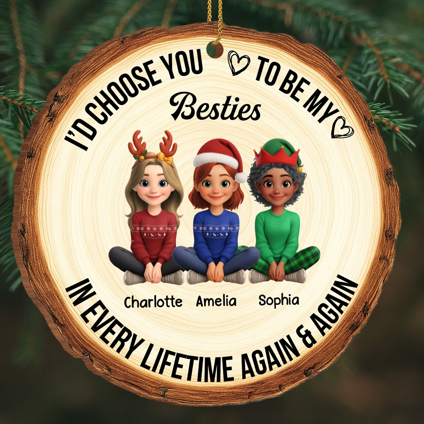 Choose You To Be My Bestie, Cartoon Characters With Heart - Personalized Custom Wood Ornament, Custom Shaped - BST298_WDO