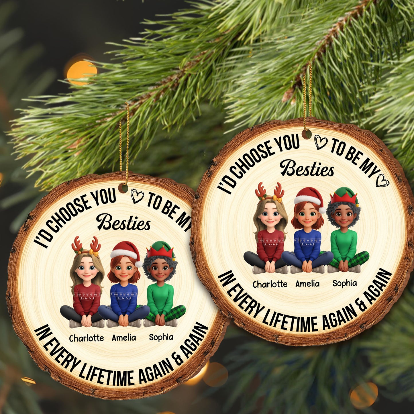 Choose You To Be My Bestie, Cartoon Characters With Heart - Personalized Custom Wood Ornament, Custom Shaped - BST298_WDO