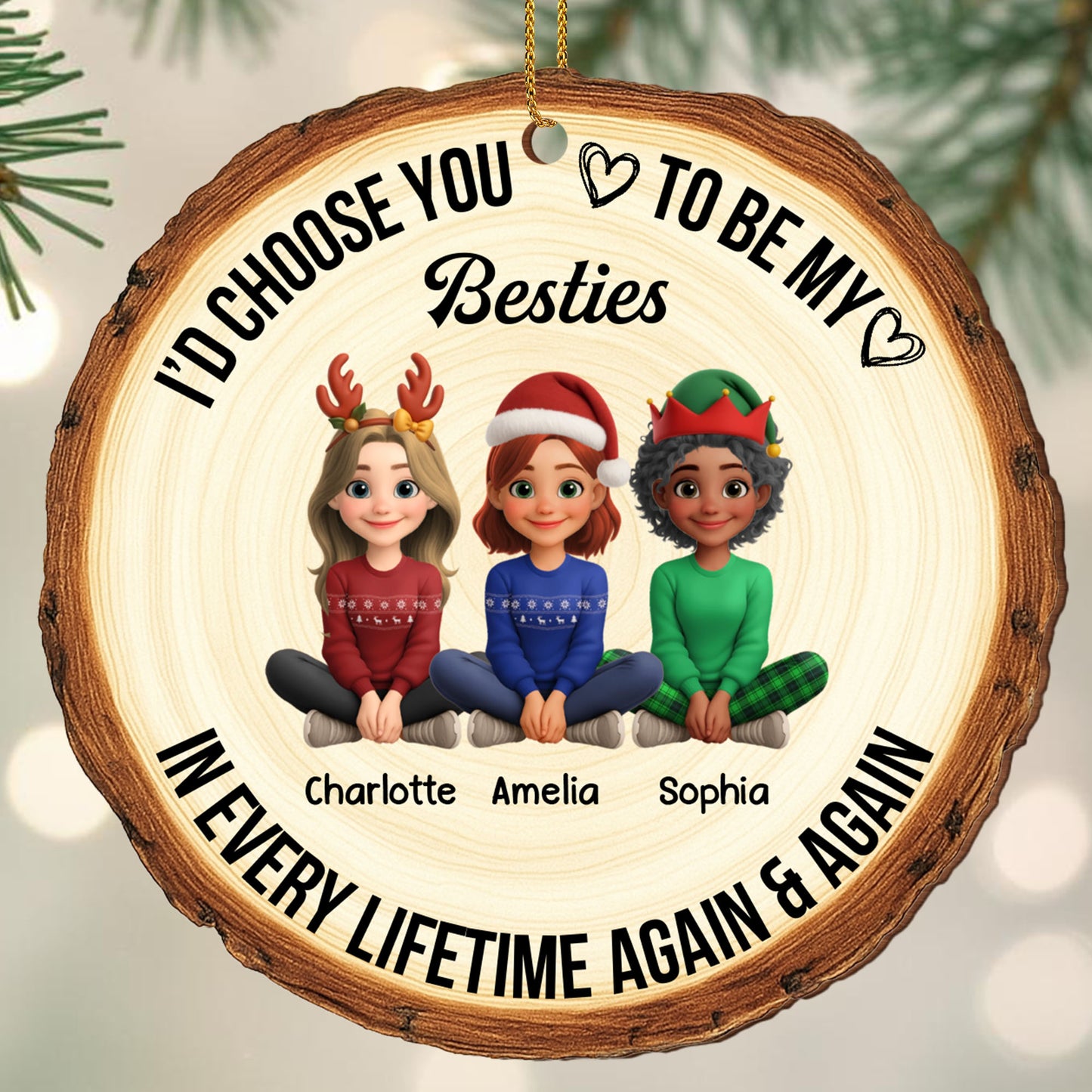Choose You To Be My Bestie, Cartoon Characters With Heart - Personalized Custom Wood Ornament, Custom Shaped - BST298_WDO
