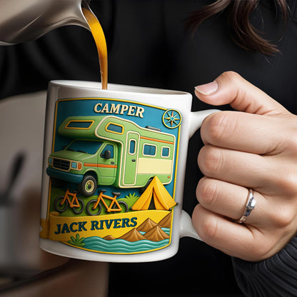 Camper, Tent, and Bicycles Design - Personalized Custom Coffee Mug - CAMP001_MG