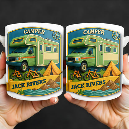 Camper, Tent, and Bicycles Design - Personalized Custom Coffee Mug - CAMP001_MG