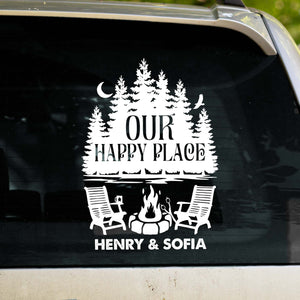 Our Happy Place With Trees, Campfire, And Chairs