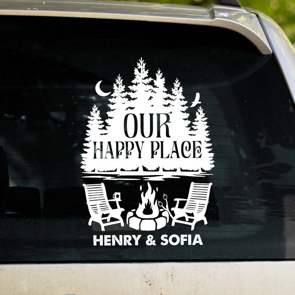 Our Happy Place With Trees, Campfire, And Chairs