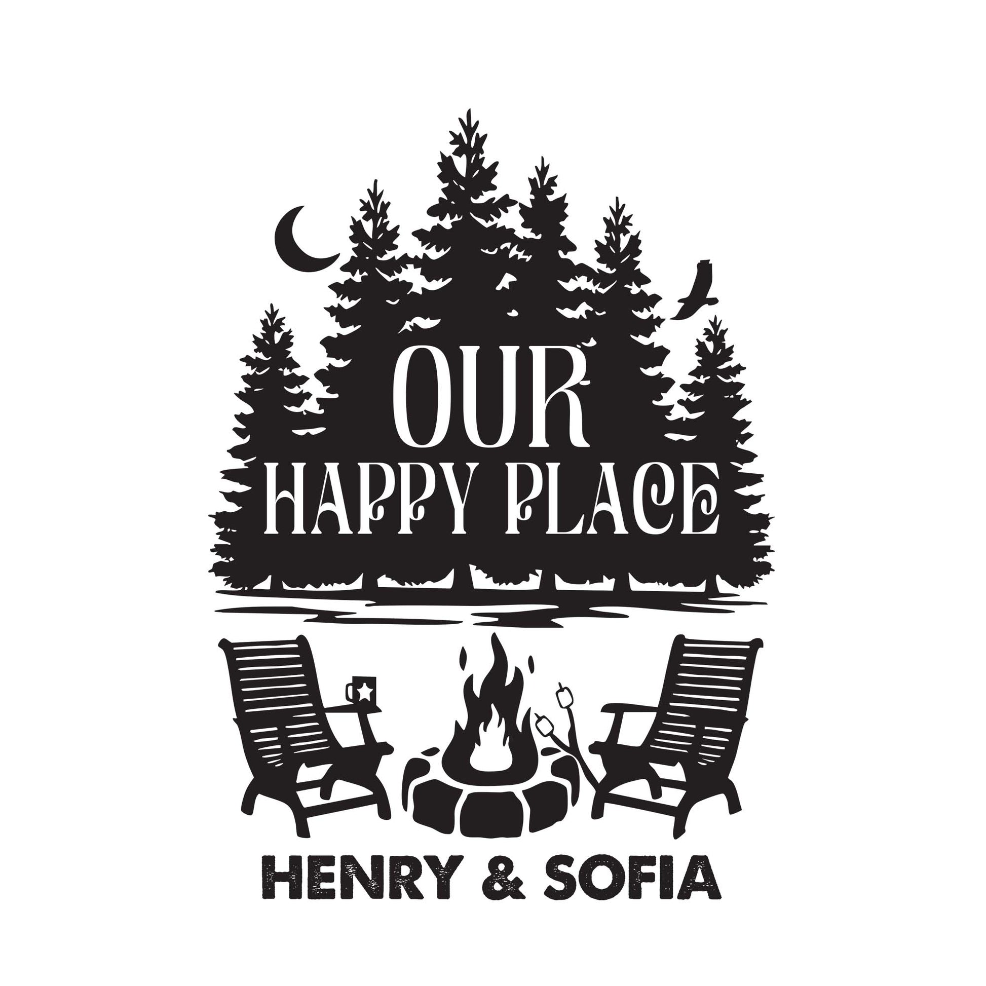 Our Happy Place With Trees, Campfire, And Chairs