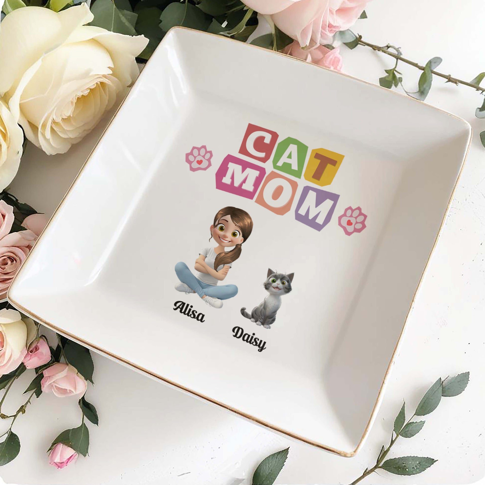 Cat Mom With Girl And Paw Prints