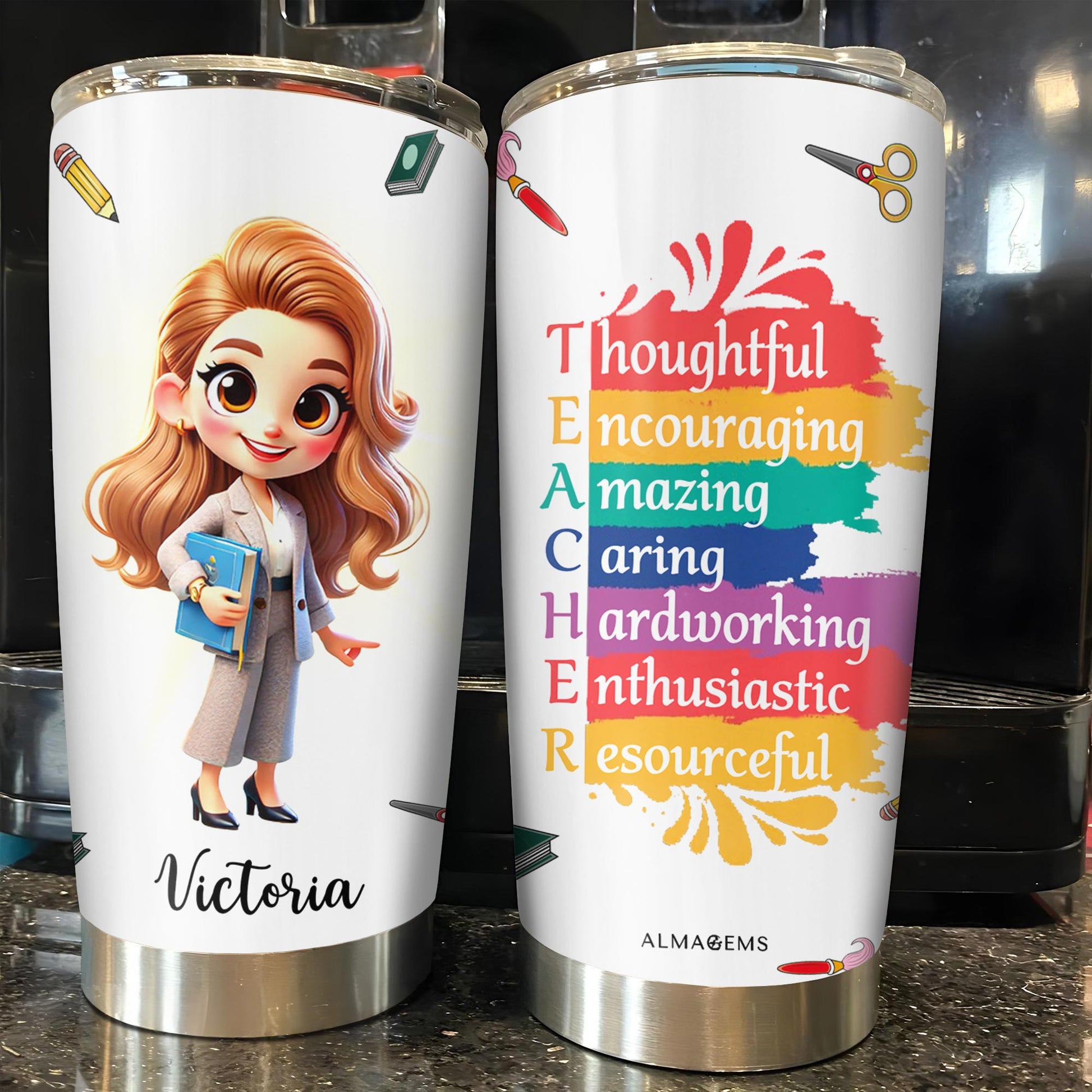 Thoughtful Teacher Tumbler With Paint Splashes and Education Symbols