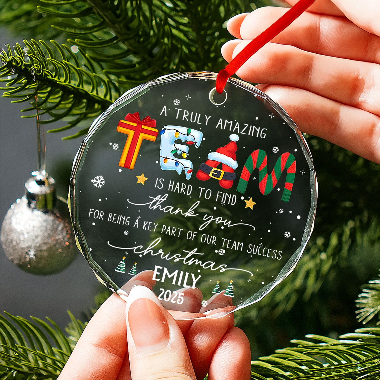 A Truly Amazing Thank You For Our Team, Santa And Gifts - Personalized Custom Circle Glass Ornament - COL035_CGOR