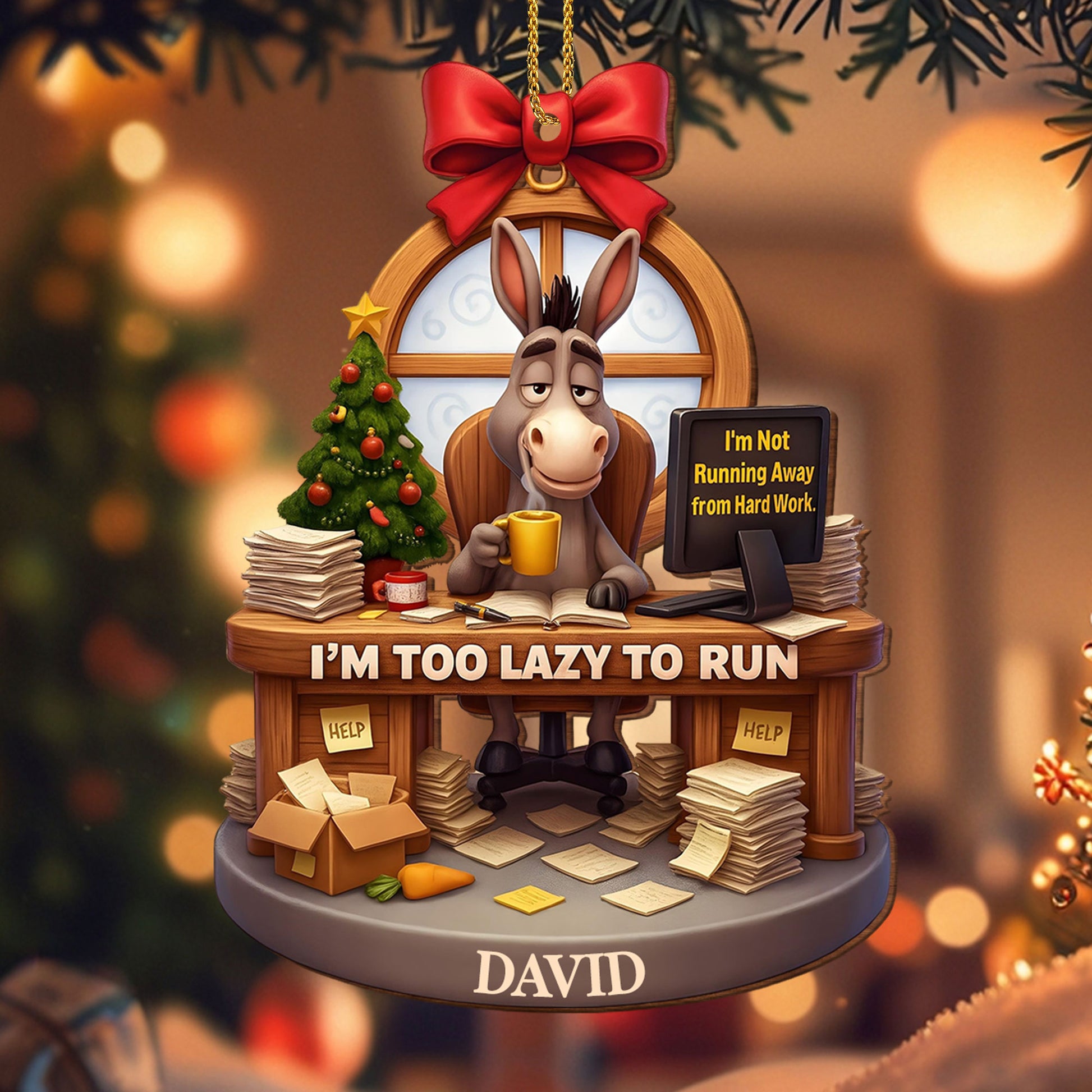 I'm Too Lazy To Run, Donkey At Desk With Christmas Tree