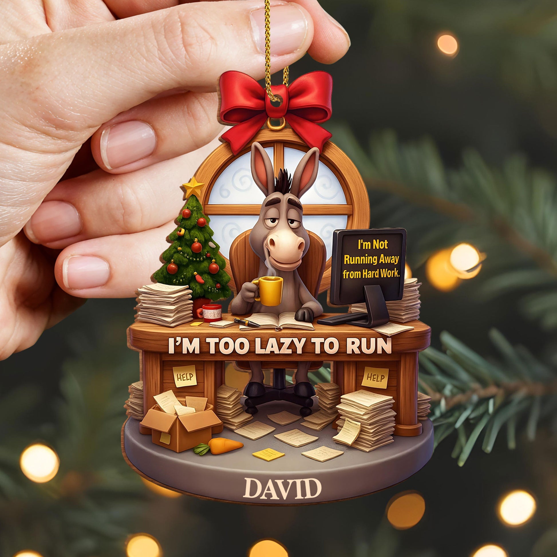 I'm Too Lazy To Run, Donkey At Desk With Christmas Tree