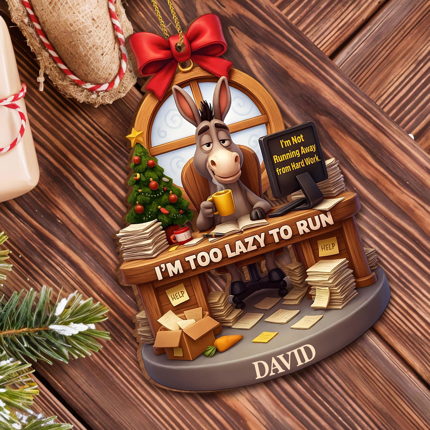 I'm Too Lazy To Run, Donkey At Desk With Christmas Tree