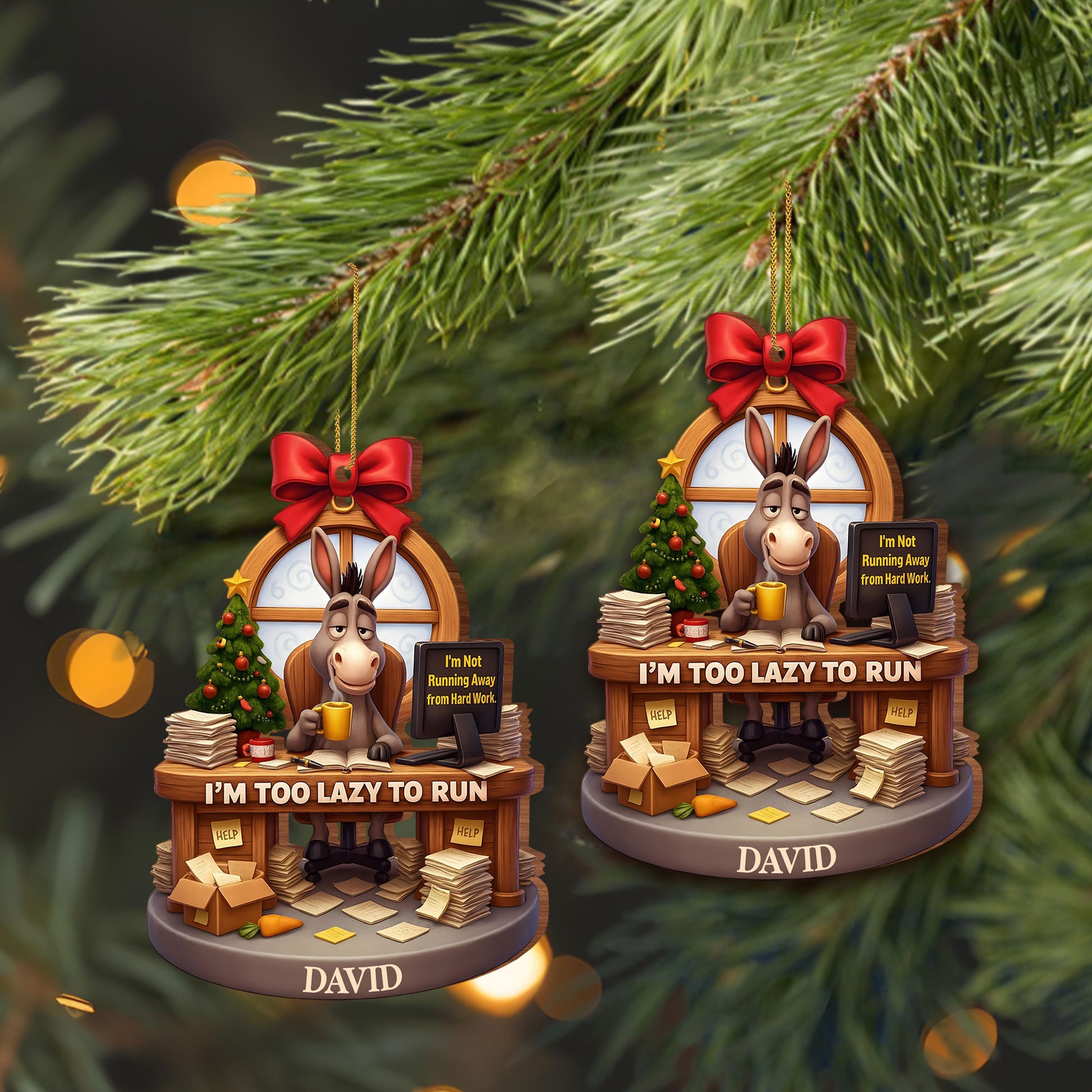 I'm Too Lazy To Run, Donkey At Desk With Christmas Tree