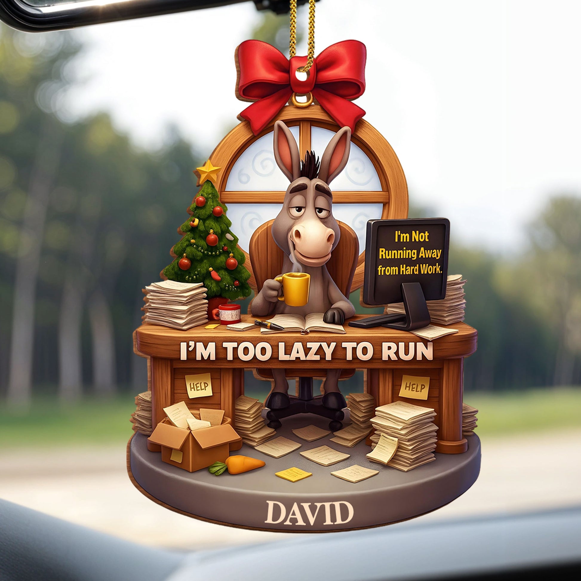 I'm Too Lazy To Run, Donkey At Desk With Christmas Tree