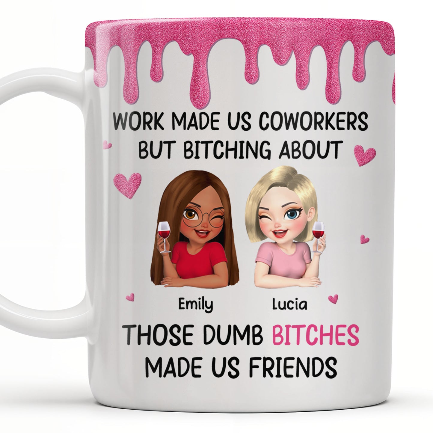 Work Made Us Coworkers, Cartoon Portraits And Wine Glass