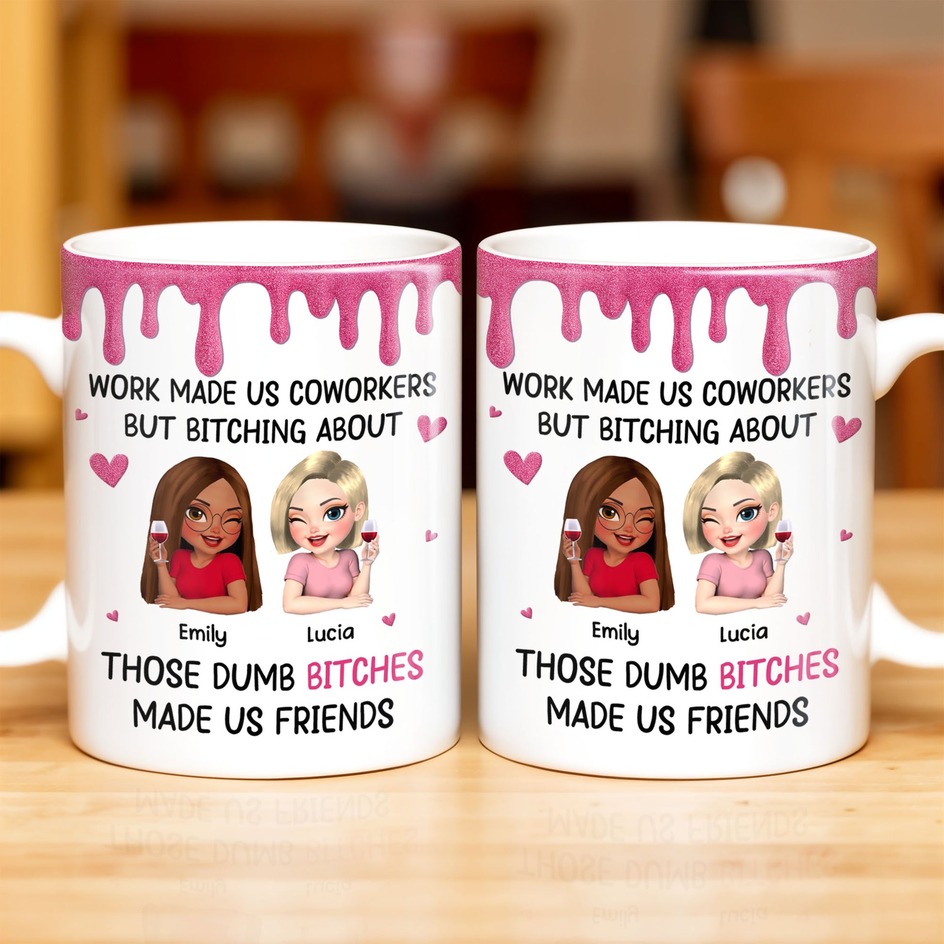 Work Made Us Coworkers, Cartoon Portraits And Wine Glass