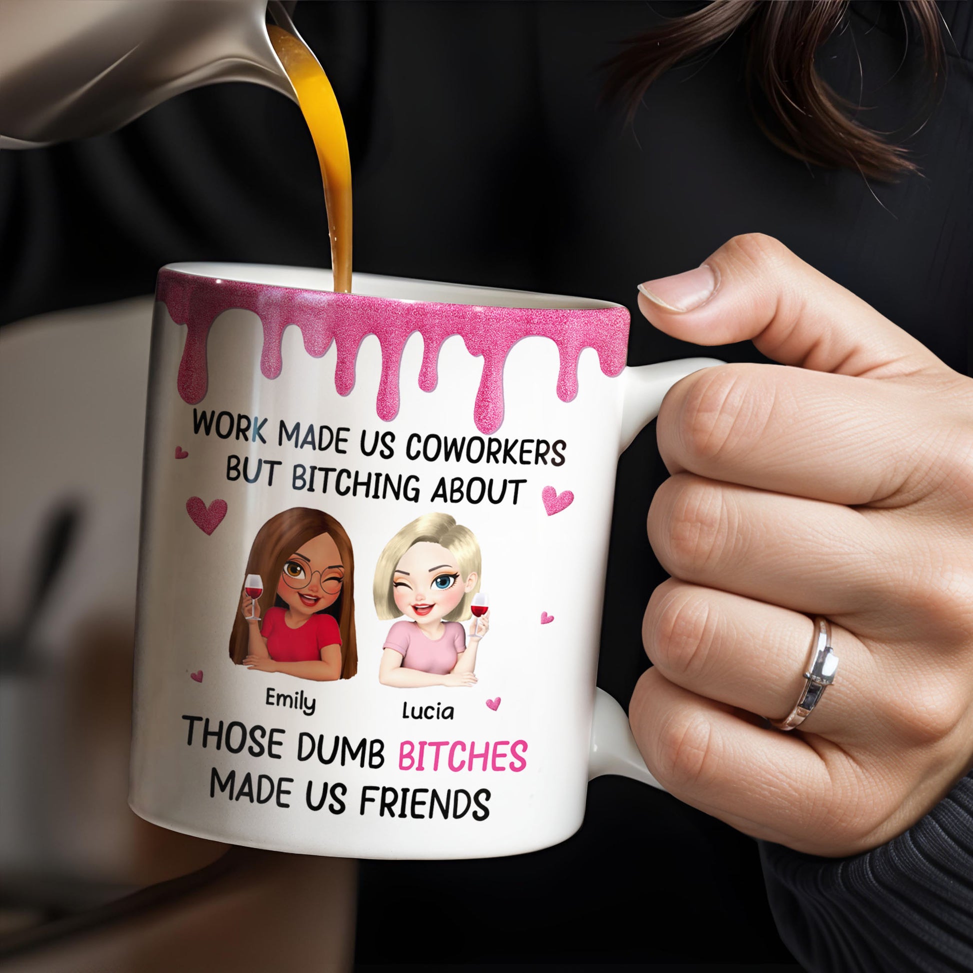 Work Made Us Coworkers, Cartoon Portraits And Wine Glass