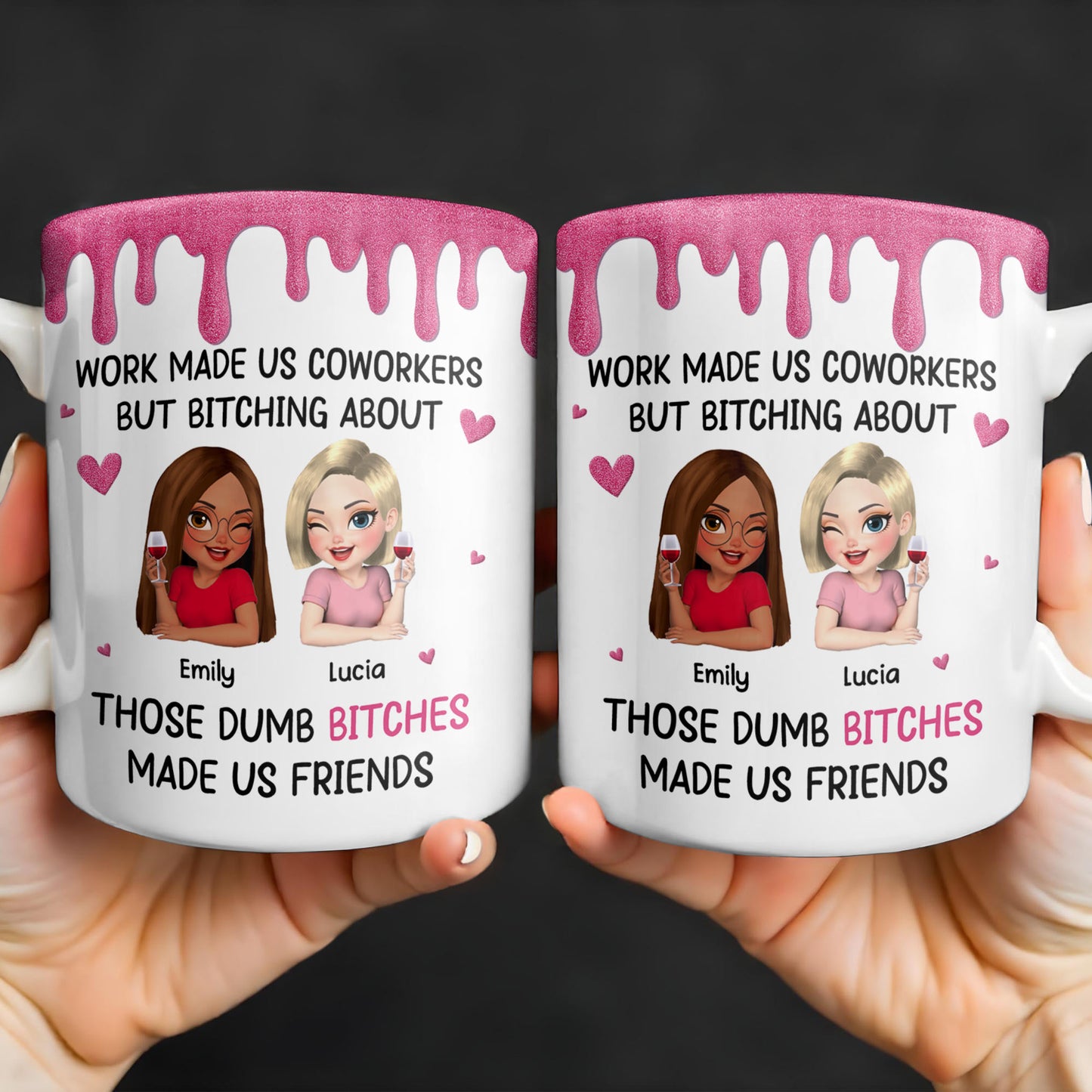 Work Made Us Coworkers, Cartoon Portraits And Wine Glass