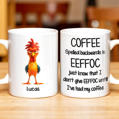 Coffee Spelled Backwards Is EEFFOC, Humorous Phrase With Rooster