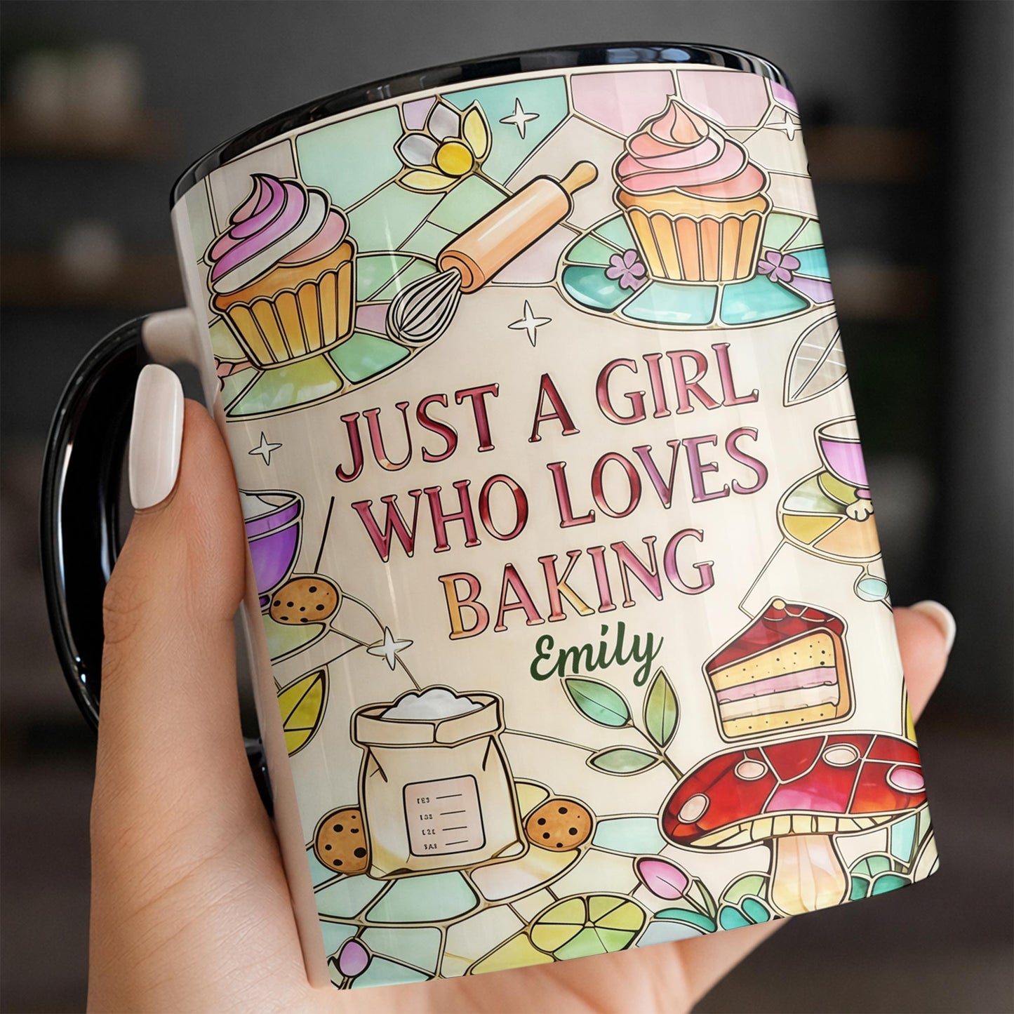 Just A Girl Who Loves Baking Stained Glass Style Cupcake And Whisk