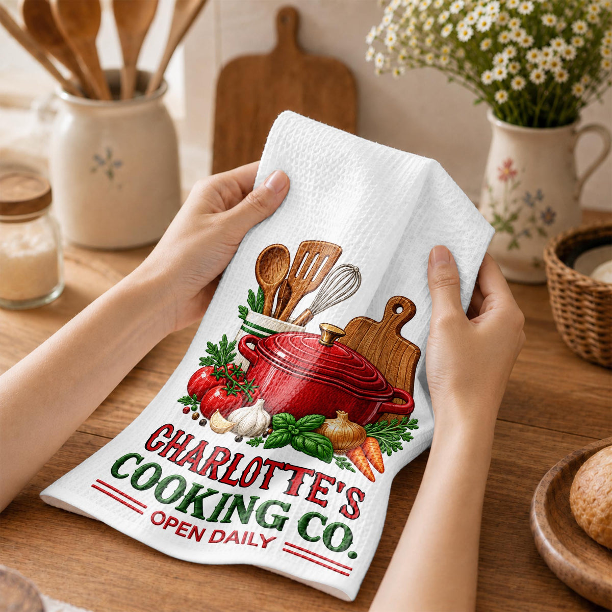 Cooking Co Open Daily Red Pot And Fresh Vegetables - Personalized Kitchen Towel - COOK084_TOWL