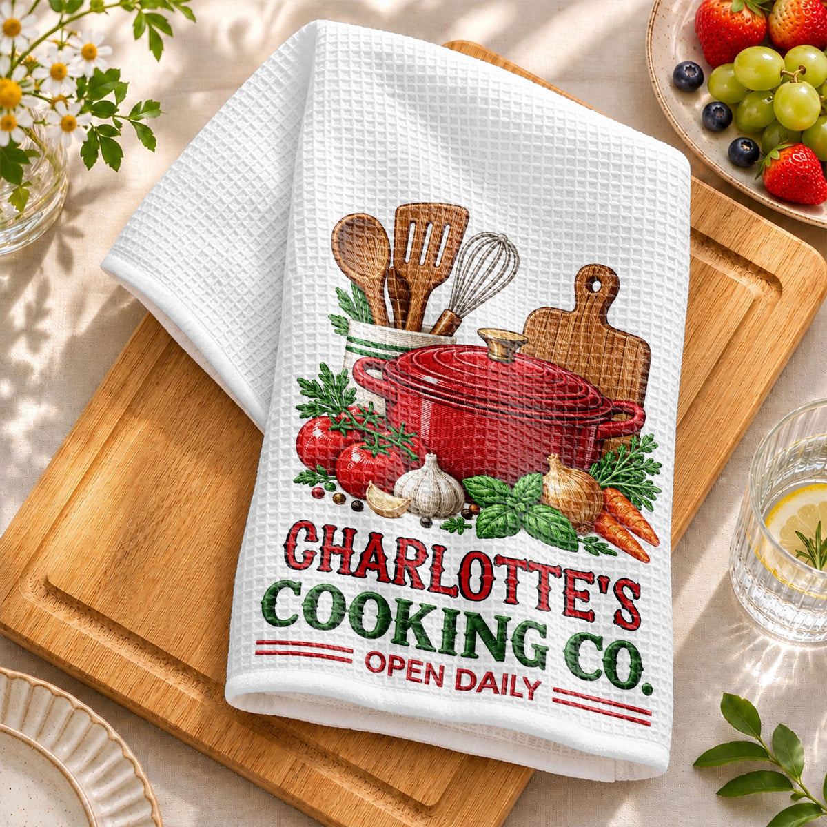 Cooking Co Open Daily Red Pot And Fresh Vegetables - Personalized Kitchen Towel - COOK084_TOWL