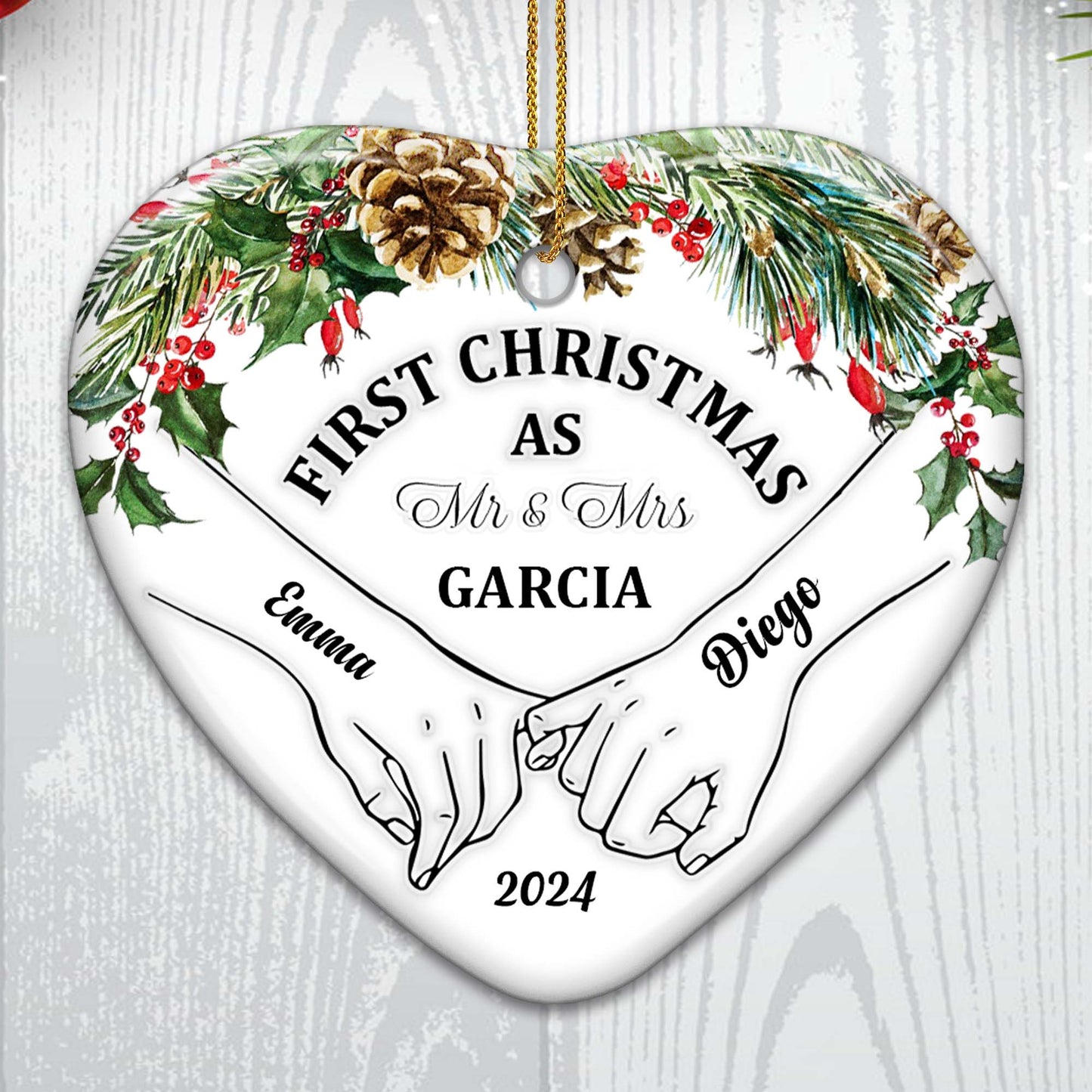 Décoration de Noël en forme de cœur « M. et Mme » - Décoration personnalisée en céramique en forme de cœur - CPL025_HCE