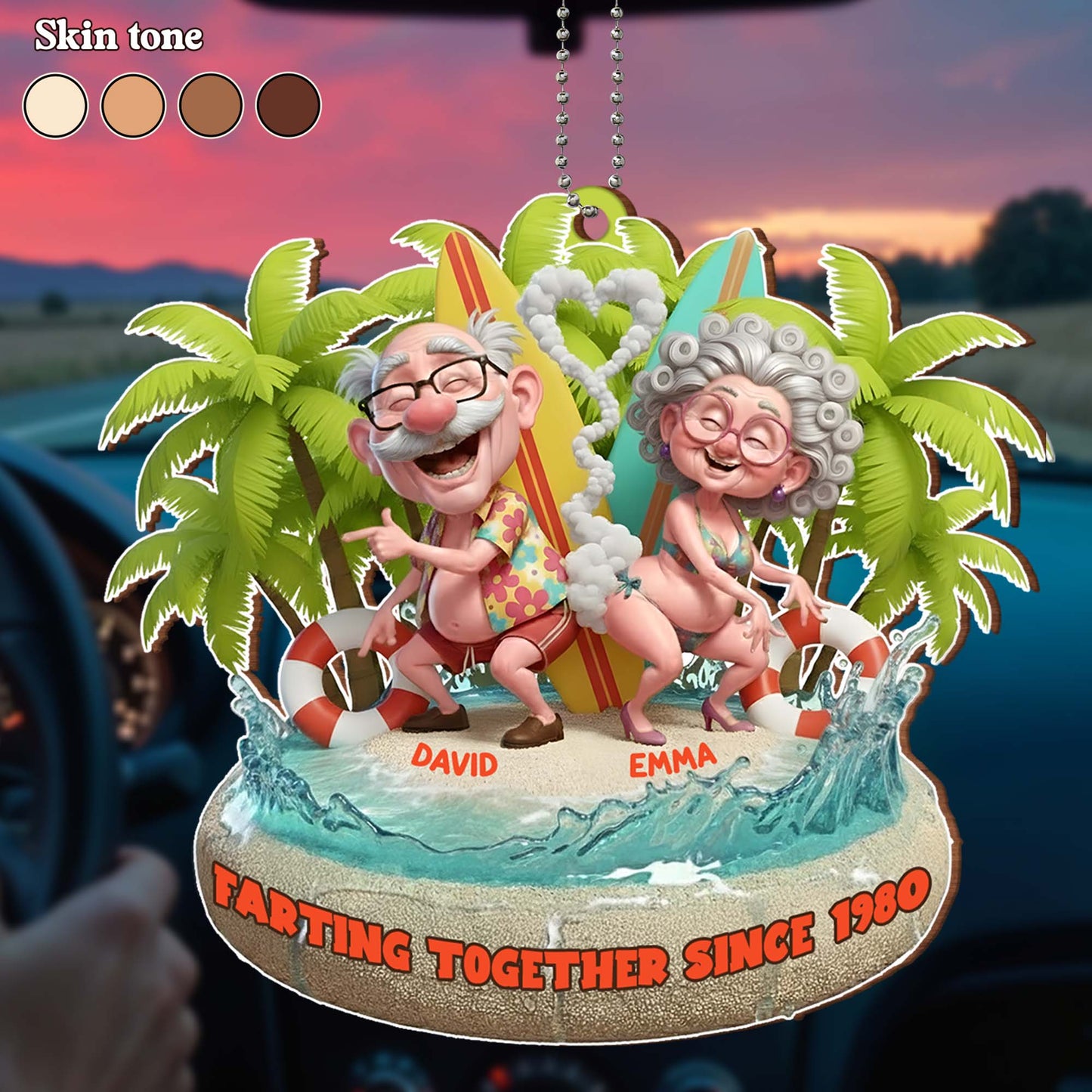 Farting Together Since 1980, Beach Theme With Palm Trees - Personalized Custom Wood Ornament, Car Hanging Ornament - CPL1014_WCA