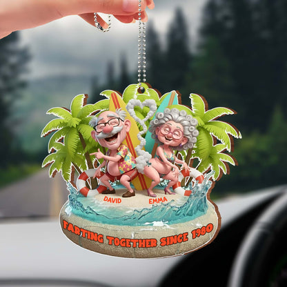 Farting Together Since 1980, Beach Theme With Palm Trees - Personalized Custom Wood Ornament, Car Hanging Ornament - CPL1014_WCA