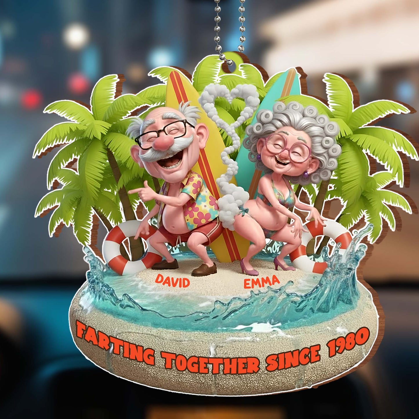 Farting Together Since 1980, Beach Theme With Palm Trees - Personalized Custom Wood Ornament, Car Hanging Ornament - CPL1014_WCA