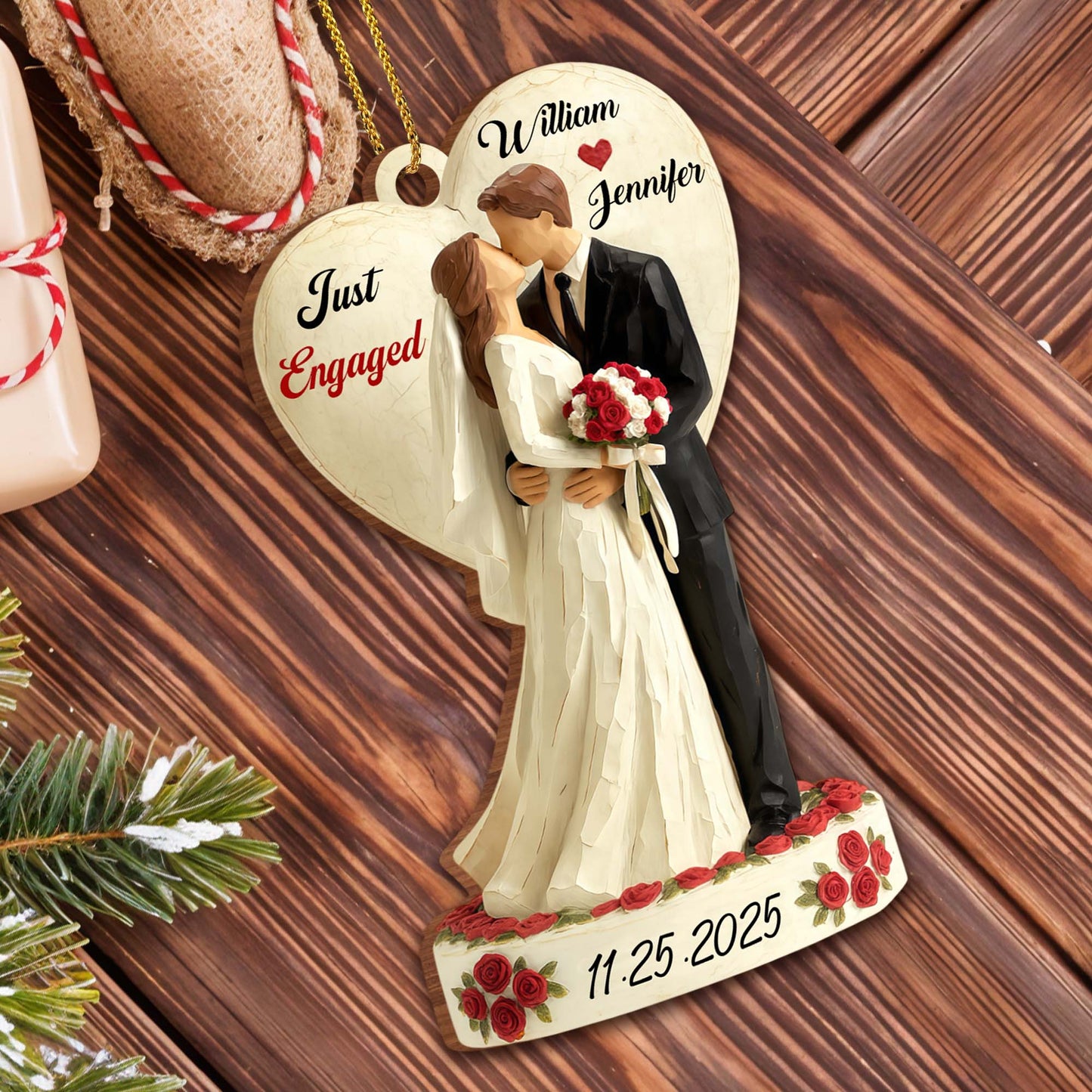 Just Engaged, Couple With Roses Ornament