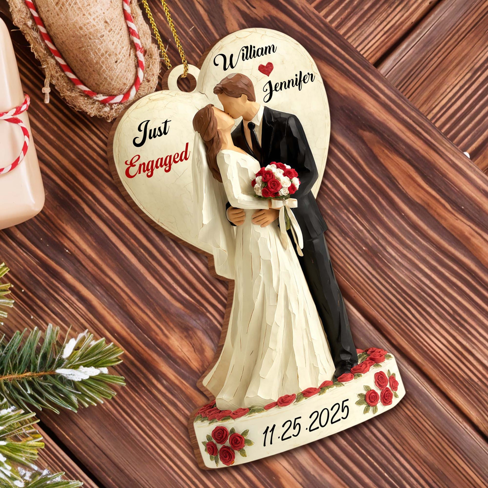 Just Engaged, Couple With Roses Ornament