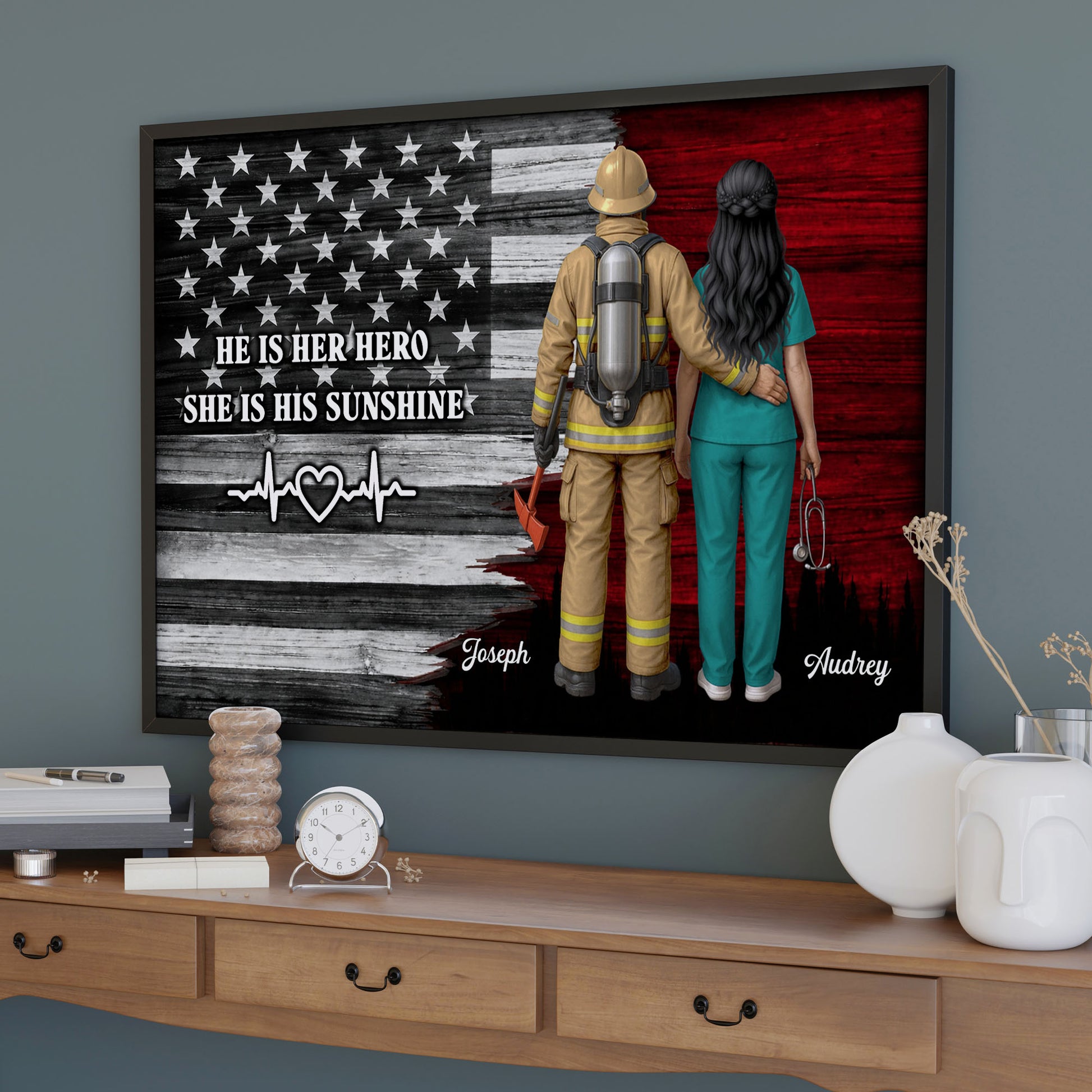 He Is Her Hero She Is His Sunshine, American Flag, Firefighter, Healthcare Worker