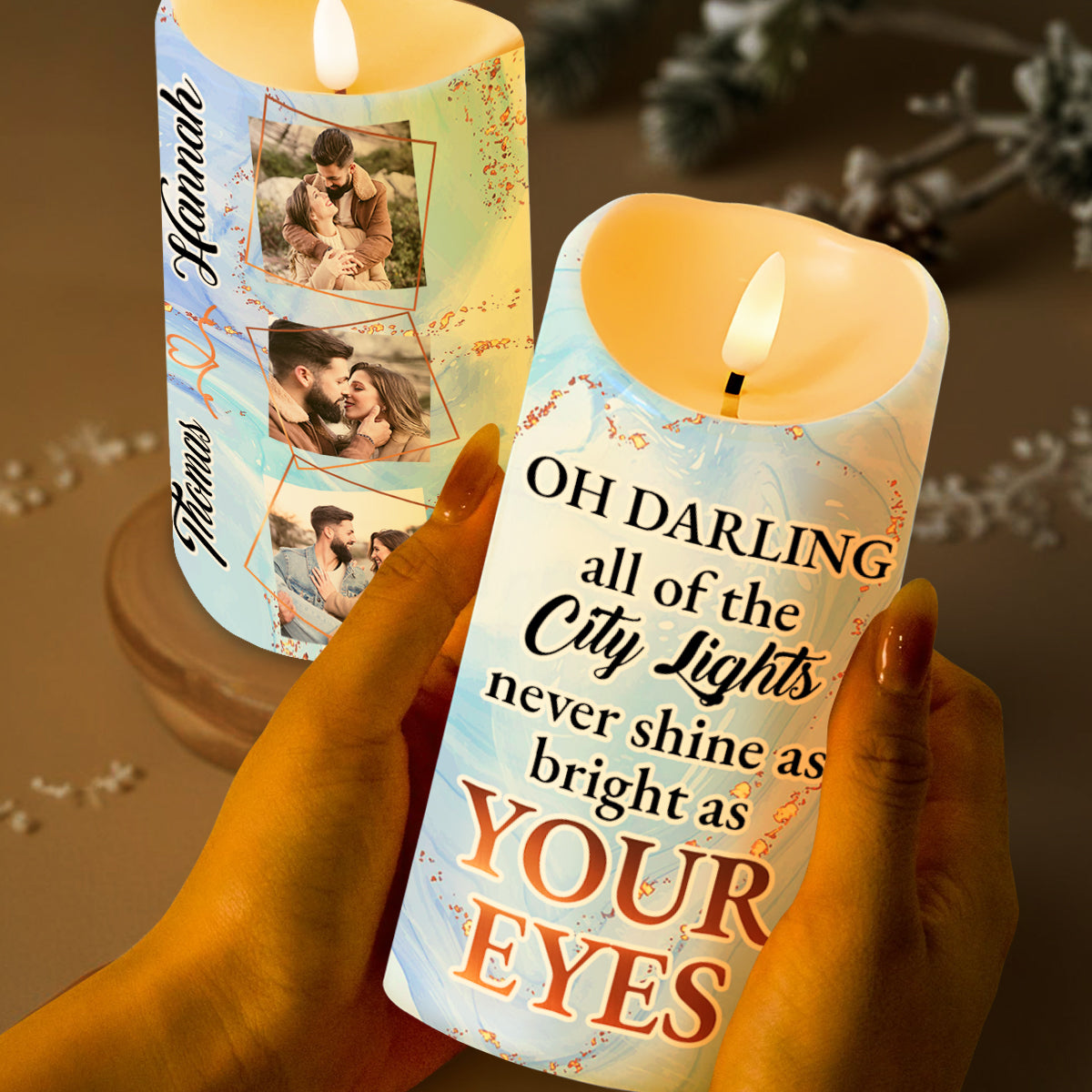 City Lights and Romantic Couple Custom LED Candle