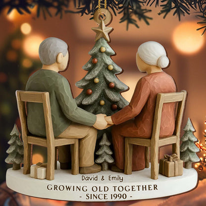 Growing Old Together, Elderly Couple By Christmas Tree - Personalized Custom Wood Ornament, Custom Shaped - CPL1041_WDO