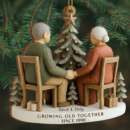 Growing Old Together, Elderly Couple By Christmas Tree - Personalized Custom Wood Ornament, Custom Shaped - CPL1041_WDO