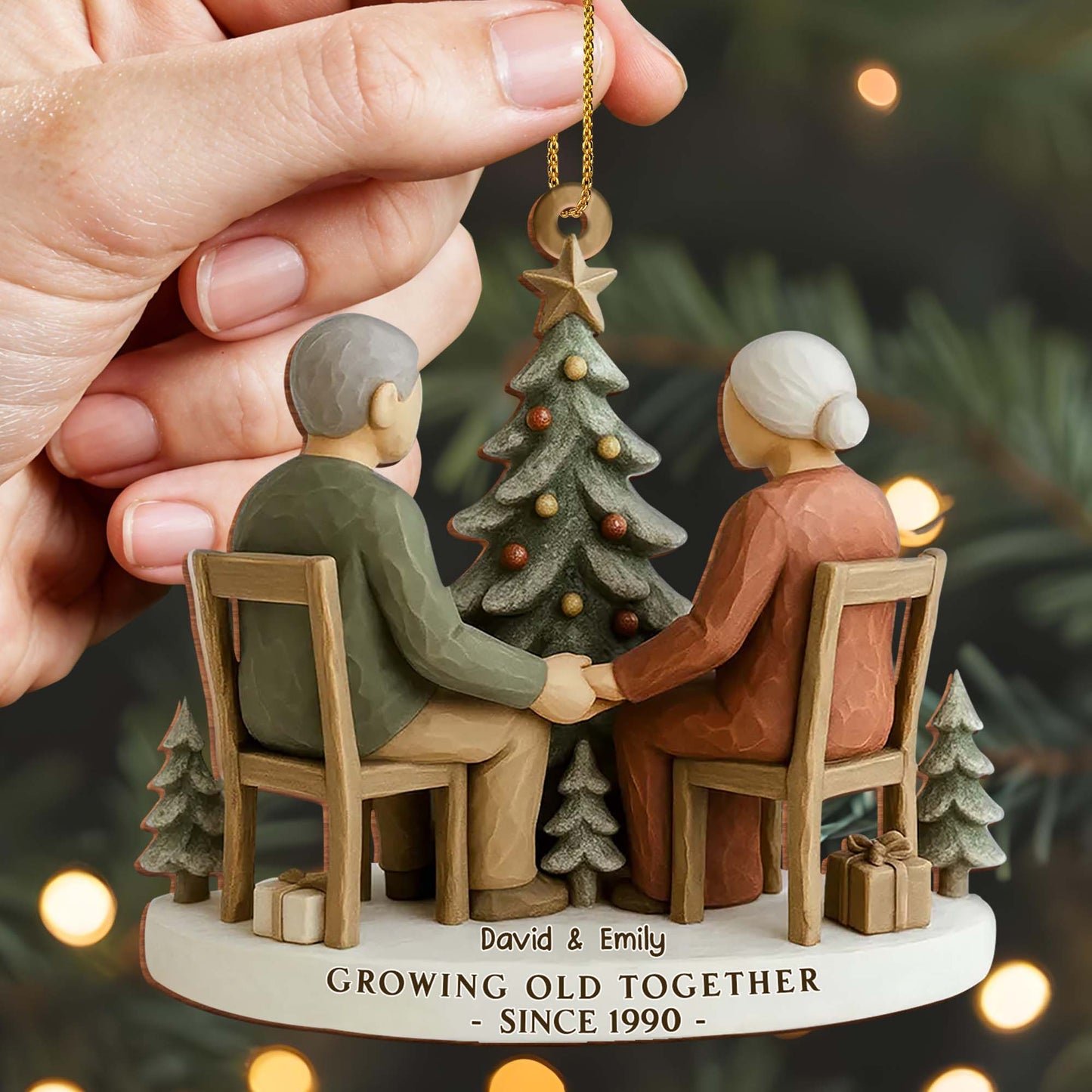 Growing Old Together, Elderly Couple By Christmas Tree - Personalized Custom Wood Ornament, Custom Shaped - CPL1041_WDO