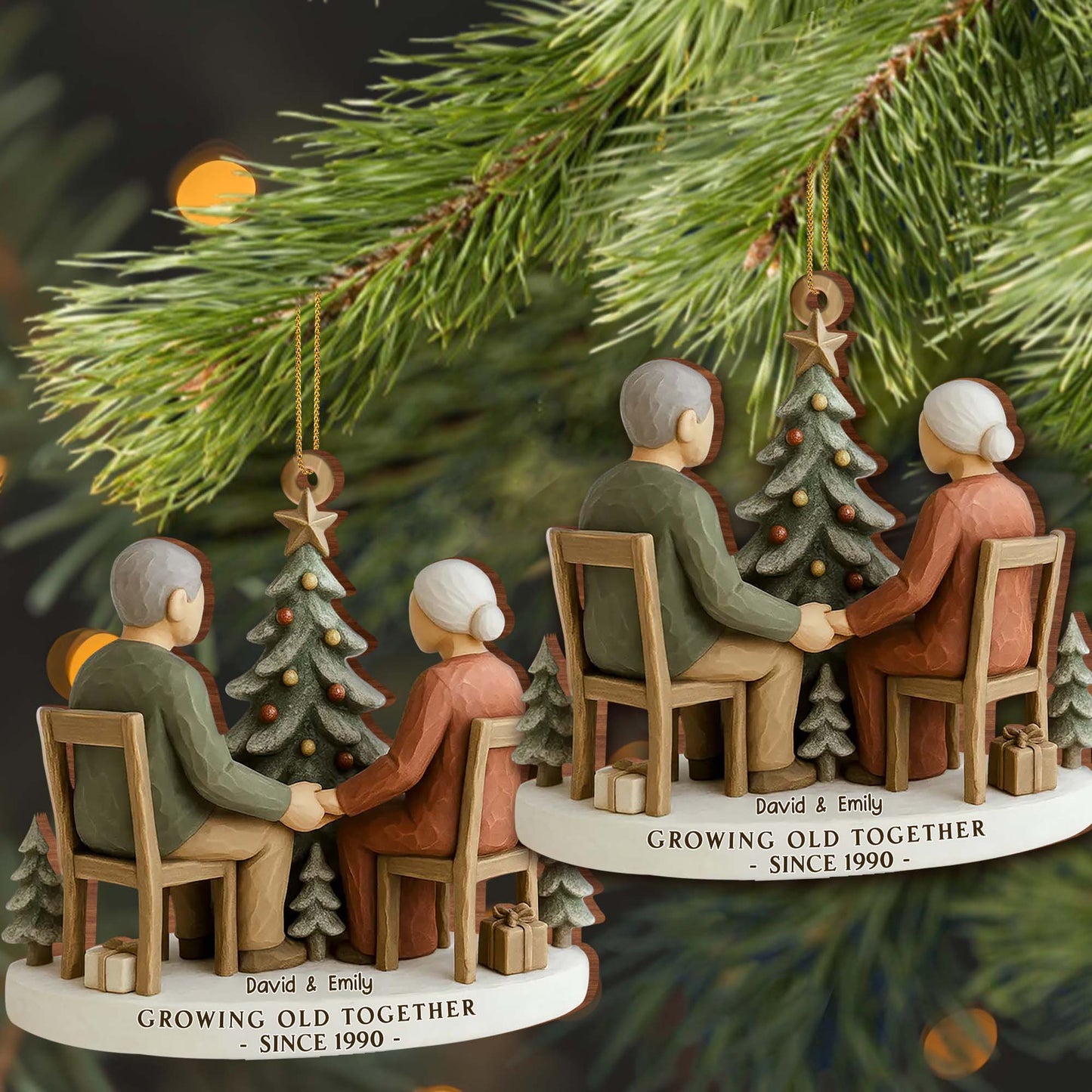 Growing Old Together, Elderly Couple By Christmas Tree - Personalized Custom Wood Ornament, Custom Shaped - CPL1041_WDO