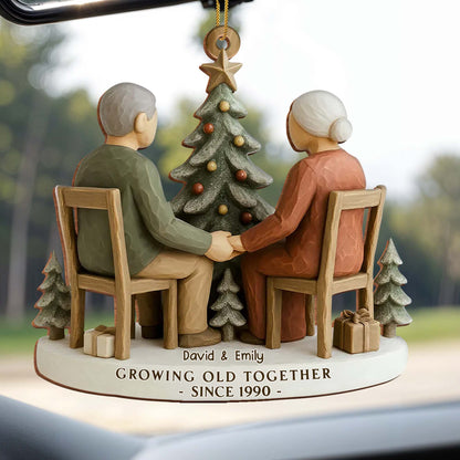 Growing Old Together, Elderly Couple By Christmas Tree - Personalized Custom Wood Ornament, Custom Shaped - CPL1041_WDO